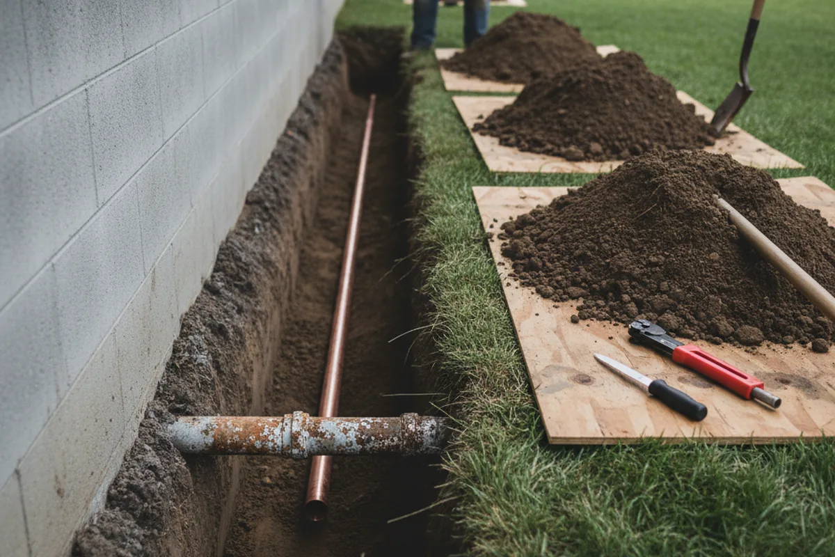 Excavated water line trench during Water Heater Repair in Cameron
